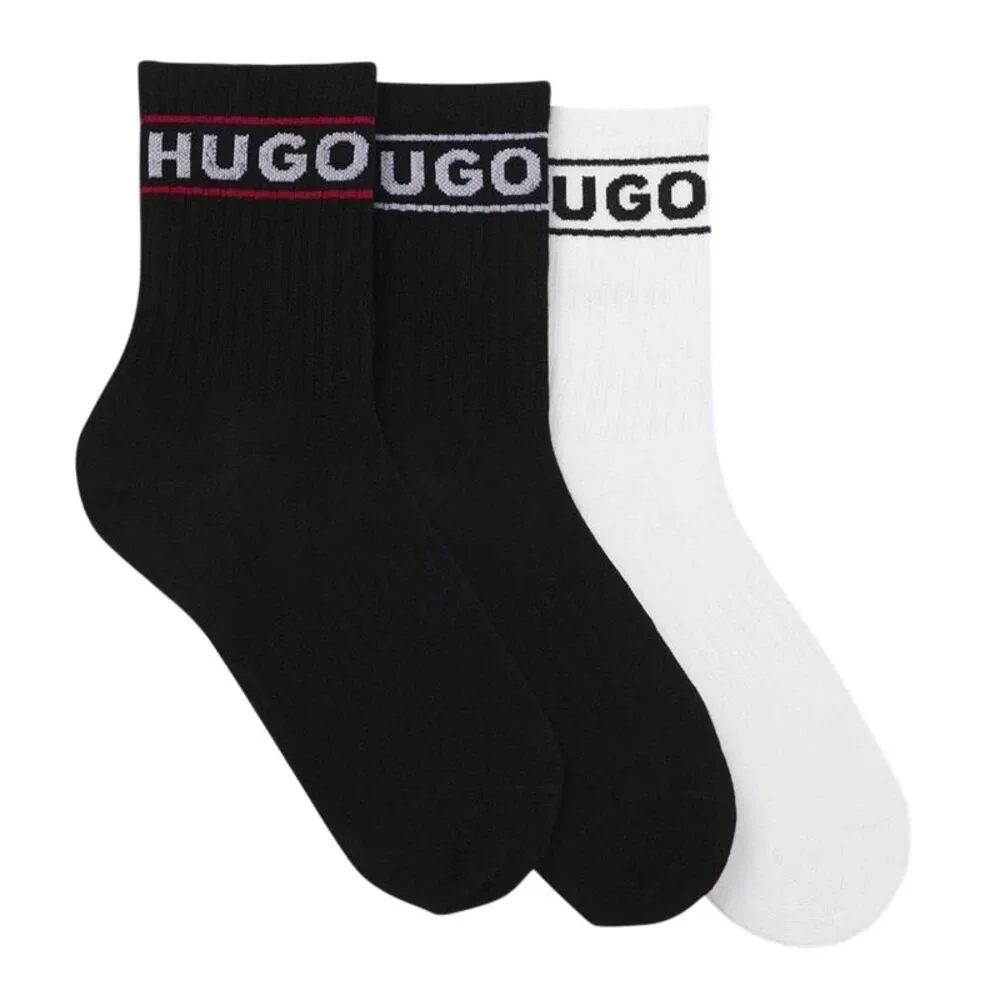 Hugo Mens Qsrib Sporty Lettering Crew Socks (Pack of 3) / White/Black